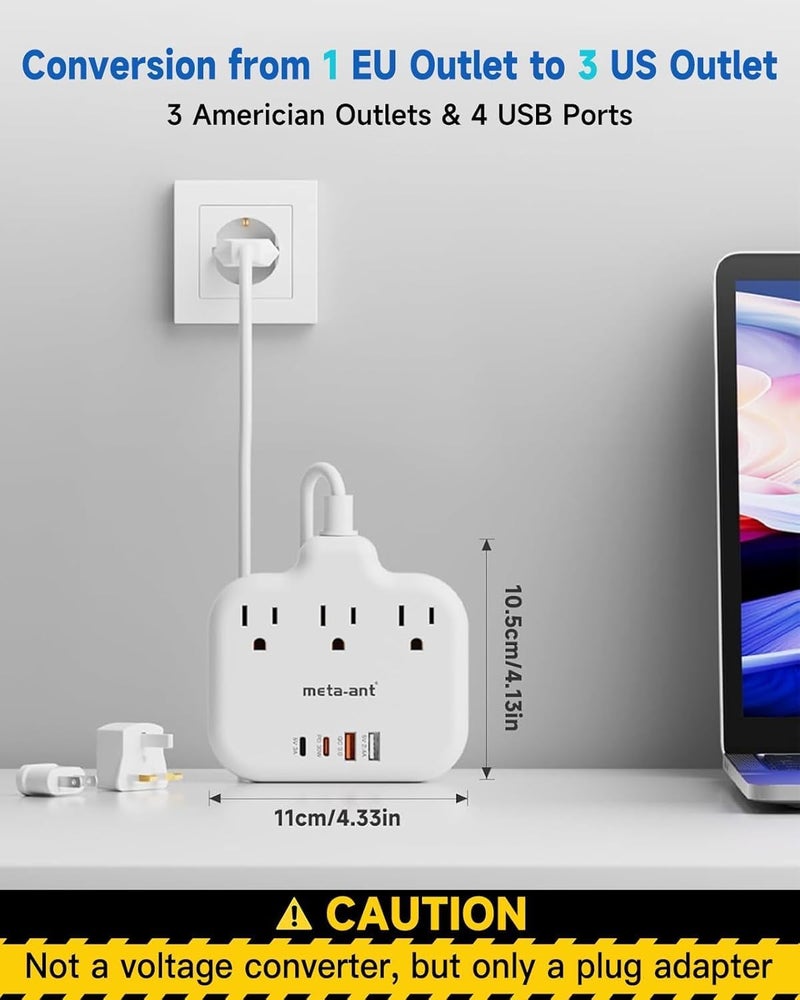 meta-ant PD30W European Travel Plug Adapter, International Power Adapter with 3 Outlets 2 USB-C and 2 USB-A Fast Charger, Universal Travel Adapter with 3ft Extension Cord for EU US UK Europe France Spain - Image 4
